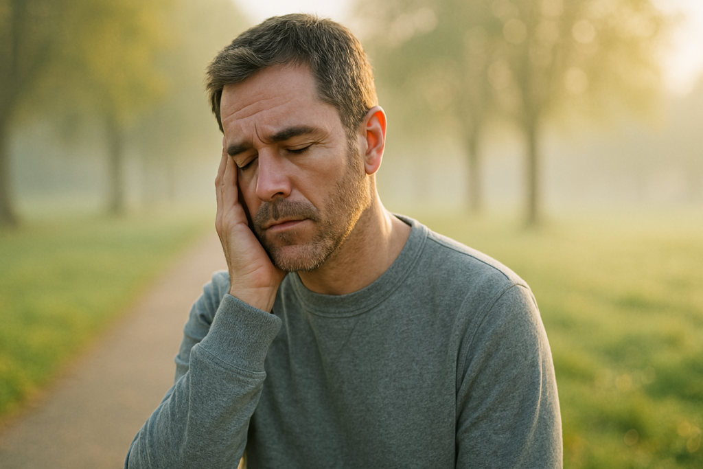 A middle-aged Caucasian man stands in a misty park at sunrise, his hand resting against his cheek as he gazes downward in deep thought. The foggy backdrop and soft natural lighting evoke an introspective and somber tone, visually symbolizing the personal impact of disrupted sleep and the search for balance in core rest cycles.