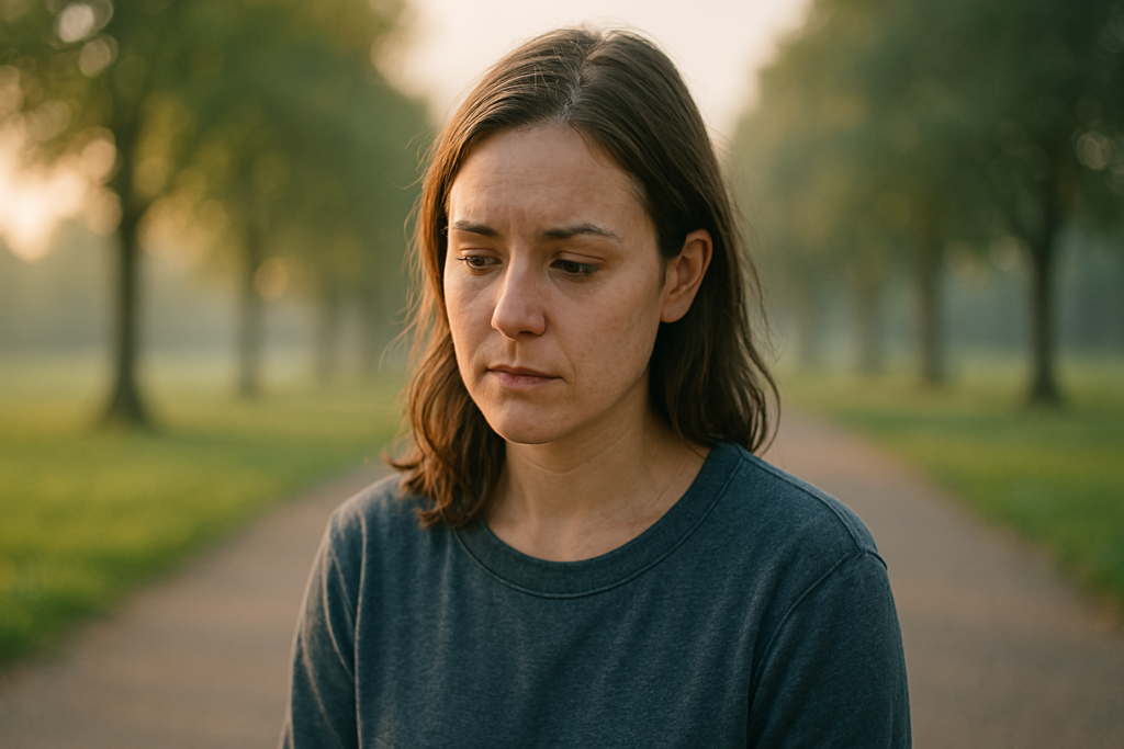 A young woman stands quietly outdoors at sunrise, her eyes closed and expression peaceful as soft morning light bathes her face and surroundings. Captured in a natural setting with golden hour lighting, this image conveys calm reflection and the importance of natural rhythms — echoing the article’s theme of melatonin, circadian balance, and improved sleep through natural means.
