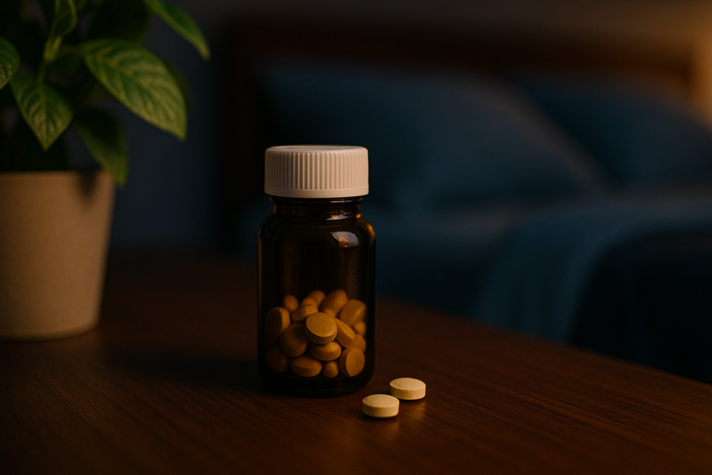 A small amber glass bottle of natural melatonin supplements rests on a dark wooden table, with a soft-focus pillow and green potted plant in the background under low, moody lighting. The warm tones and intimate setting visually reflect the calming and natural approach to sleep support emphasized in the article.