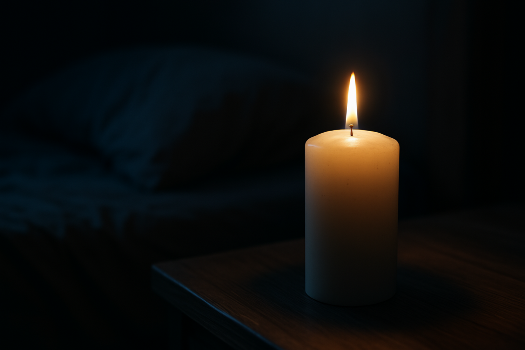 A single lit candle rests on a wooden nightstand in a dim bedroom, its flame casting a warm, flickering glow that contrasts with the surrounding darkness. This quiet nighttime setting reflects the emotional tone of solitude and relaxation, visually representing the calming, sleep-promoting effect associated with natural melatonin supplements.