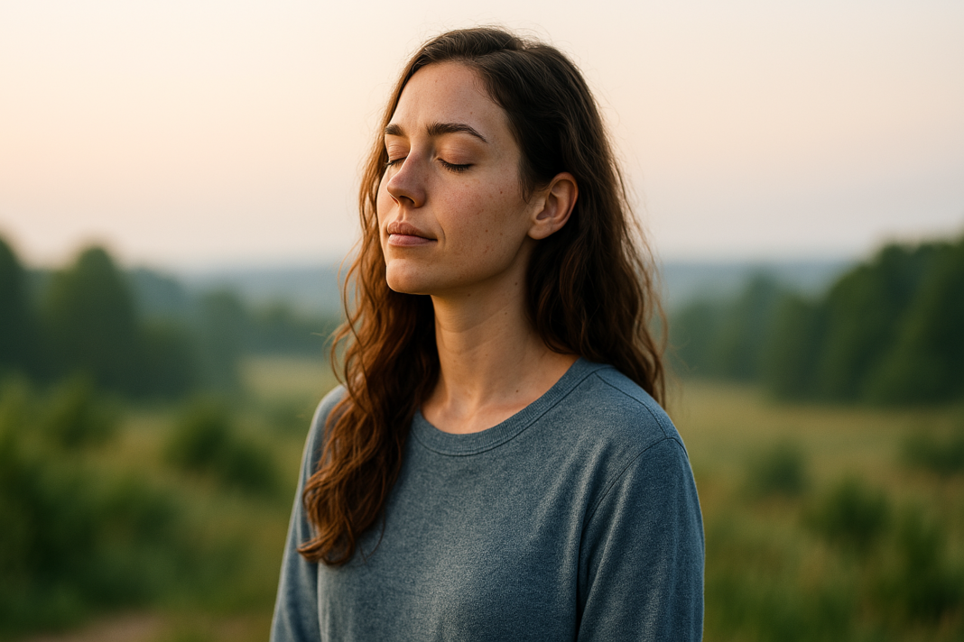 A young woman stands alone in a peaceful park during early morning light, her expression contemplative as sunlight filters through the trees. The natural outdoor setting and reflective pose symbolize the personal connection to natural melatonin supplements and their role in promoting restful sleep.