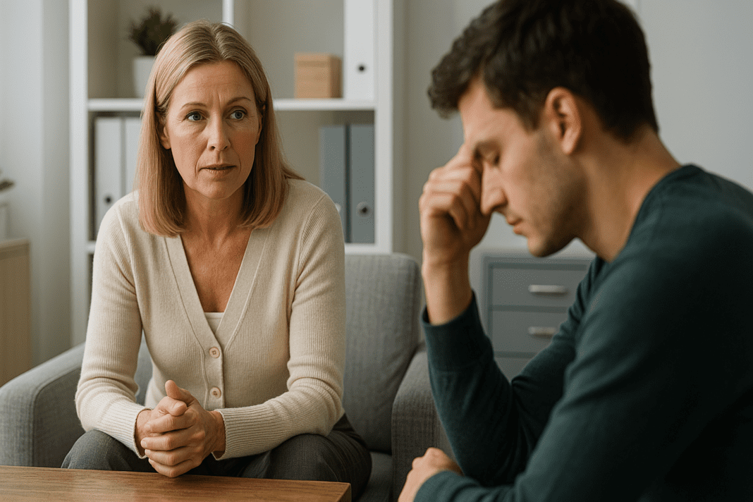 A middle-aged woman listens with empathy to a younger man during a therapy session in a modern office lit by cool fluorescent lighting. Their body language, neutral expressions, and the calm clinical setting reflect the emotional depth and introspective tone of the article’s focus on improving brain health, concentration, and memory through both nutritional and behavioral interventions.