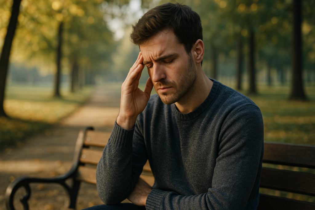 A young man sits on a wooden park bench in the early morning, bathed in soft natural light and surrounded by golden autumn foliage, his expression introspective and calm. The peaceful outdoor setting, warm tones, and his contemplative posture reflect the article’s focus on using mindful nutrition and lifestyle choices to enhance memory and focus.