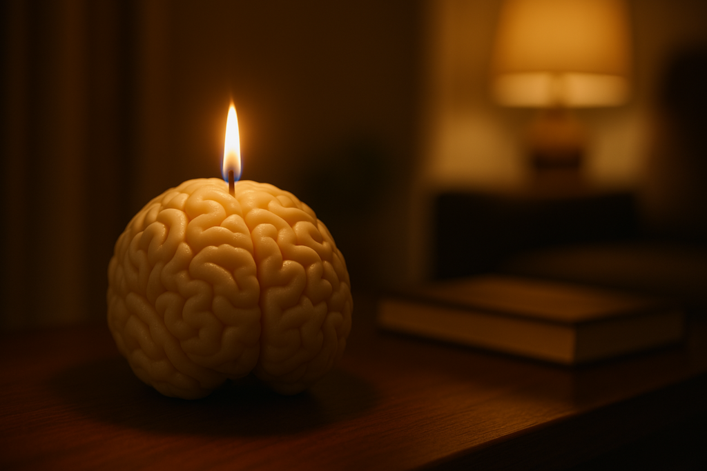 A lit white brain-shaped candle glows gently in a dimly lit room, casting warm shadows across a wooden surface with a blurred book in the background. The symbolic object, captured at night with moody lighting, conveys a thoughtful ambiance and ties directly to the article’s theme of nourishing brain health and enhancing cognitive function.