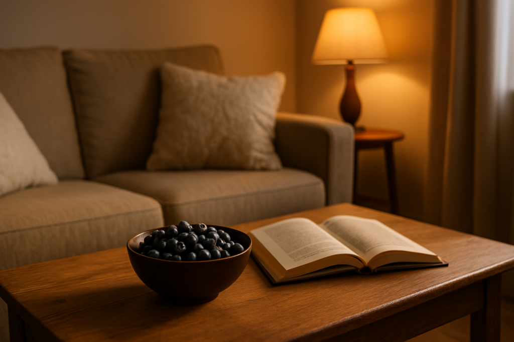A ceramic bowl filled with blueberries sits atop a rustic coffee table in a warmly lit living room, accompanied by an open book and surrounded by soft furnishings. The residential indoor environment, featuring warm ambient lighting and a tranquil atmosphere, visually supports the article’s theme of integrating brain-boosting foods like berries into a thoughtful lifestyle that promotes memory and focus.