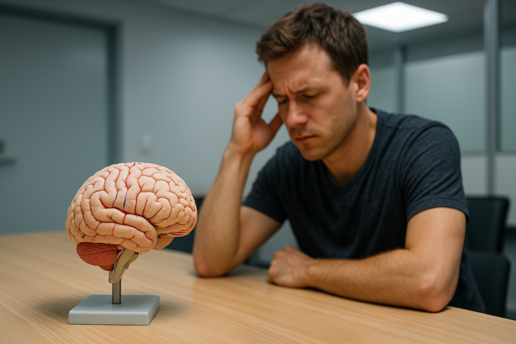A young man sits at a wooden desk indoors, deep in thought with his hand on his temple, while a brightly colored anatomical brain model rests prominently in front of him. The setting and composition emphasize cognitive strain and reflect the article’s exploration of memory challenges and how nutrition can support brain health and mental clarity.