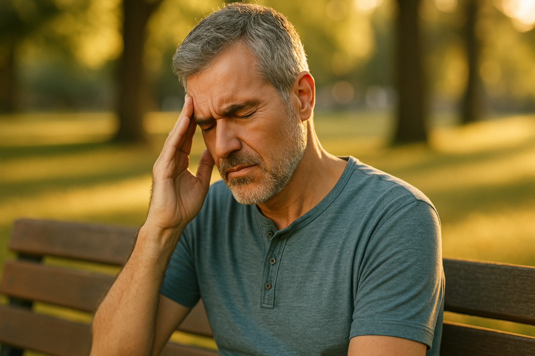 A middle-aged man sits on a wooden bench in the late afternoon light, his hand pressed to his temple as he gazes ahead in quiet reflection. The soft lighting and serene environment evoke a mood of cognitive introspection, highlighting the article’s theme of vitamin B12 as a natural aid for memory and mental clarity.