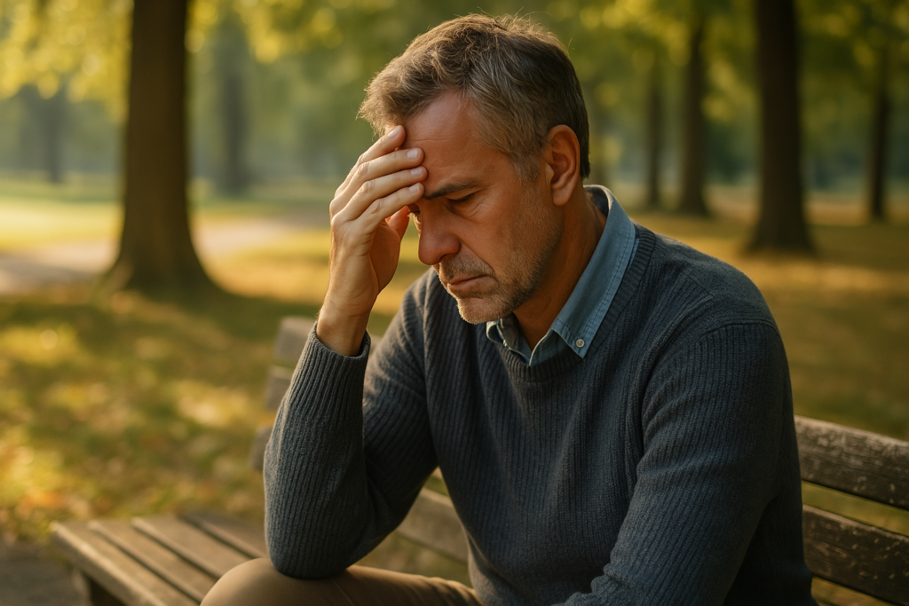 A middle-aged man with salt-and-pepper hair sits quietly on a park bench, gently pressing his temple as warm sunlight filters through the trees. The tranquil atmosphere and thoughtful expression reflect the emotional tone of memory reflection, visually reinforcing the article’s focus on how vitamin B12 supports cognitive clarity.