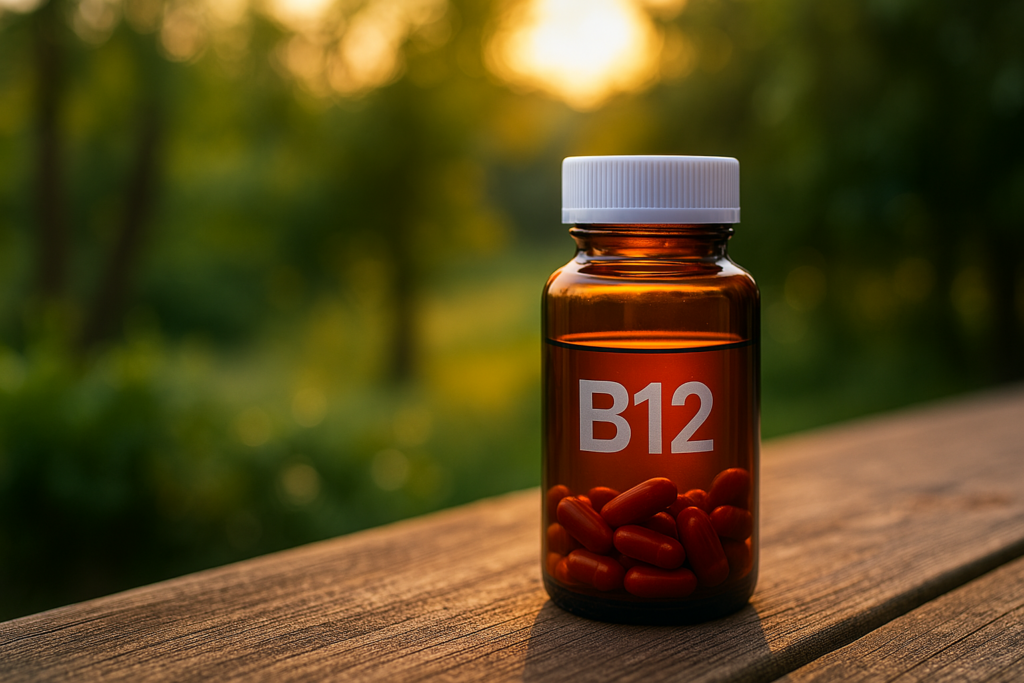 A translucent amber capsule of vitamin B12 rests beside a glass of water on a softly lit wooden nightstand, surrounded by shadows in a moody, low-lit interior. The intimate setting highlights the personal nature of supplementation and the nighttime rituals often associated with cognitive health routines.