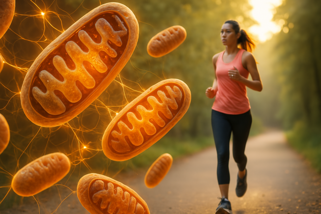 A dark blue background hosts large white modern text reading “BEST MITOCHONDRIA SUPPLEMENTS,” accompanied by a glowing orange mitochondrion illustration on the right. The composition uses vibrant biological imagery and bold design to visually emphasize the article’s theme of enhancing mitochondrial health through supplementation.