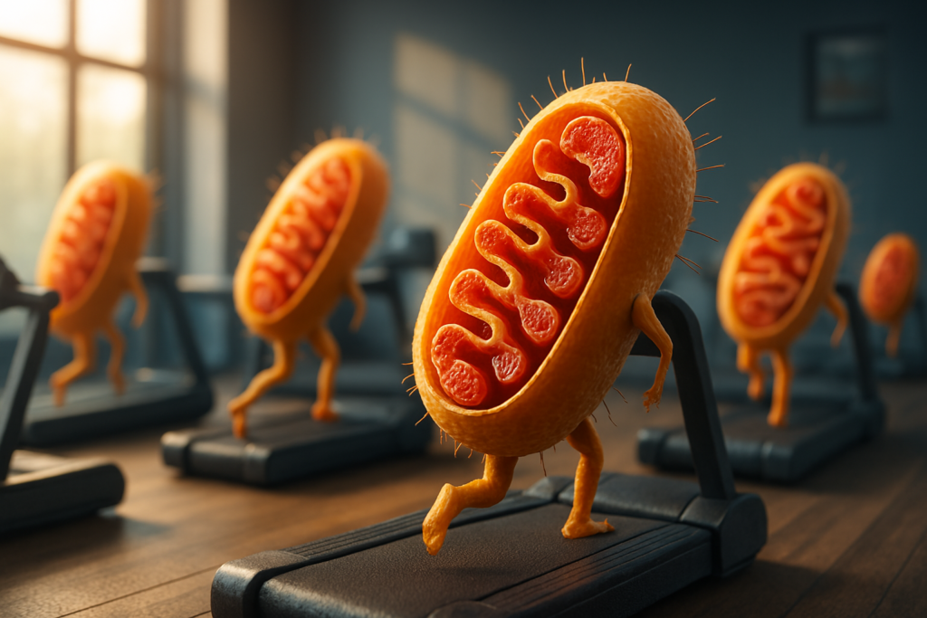A fit African American woman drinks from a sports bottle in a sunny outdoor setting, positioned beside a split-screen digital rendering of muscle tissue containing healthy mitochondria. The contrasting visuals of real-world fitness and internal biology illustrate how exercise fuels mitochondrial growth and function.