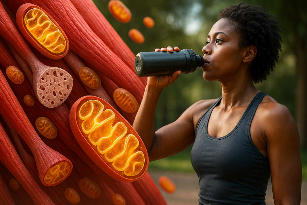 A 3D-rendered digital illustration shows a magnified cross-section of a muscle fiber with visible glowing mitochondria embedded in the tissue. Set against a deep blue background, the detailed representation symbolizes the cellular adaptations and internal changes that occur with mitochondrial-focused exercise.