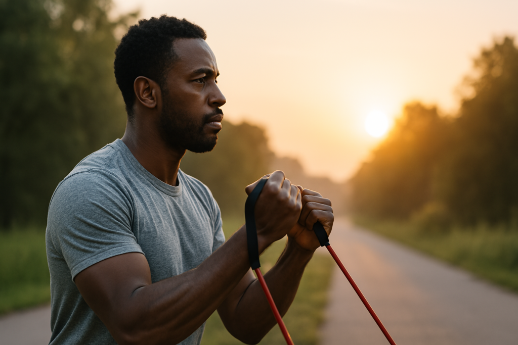 An African American man exercises with a resistance band at sunrise on a quiet, tree-lined outdoor path. The soft morning light enhances his focused expression and muscular form, visually conveying the role of strength training and movement in increasing mitochondrial density and overall cellular energy.