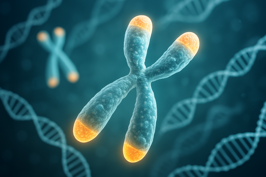 A digitally rendered chromosome with emphasized glowing telomeres is depicted in a simplified, clean format with no overlay text. The focus on the chromosome structure and its terminal ends visually conveys the essential purpose of telomeres in protecting genetic material from deterioration.