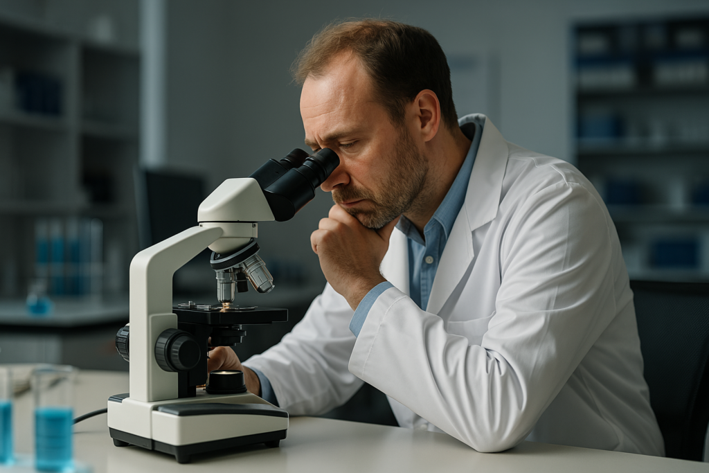 A male scientist in a clinical lab setting intensely studies a microscope slide under bright fluorescent lighting. His focused posture and precise handling of lab equipment visually represent ongoing research into telomerase, providing a direct and literal connection to the cellular mechanisms that allow cancer cells to maintain telomere length.