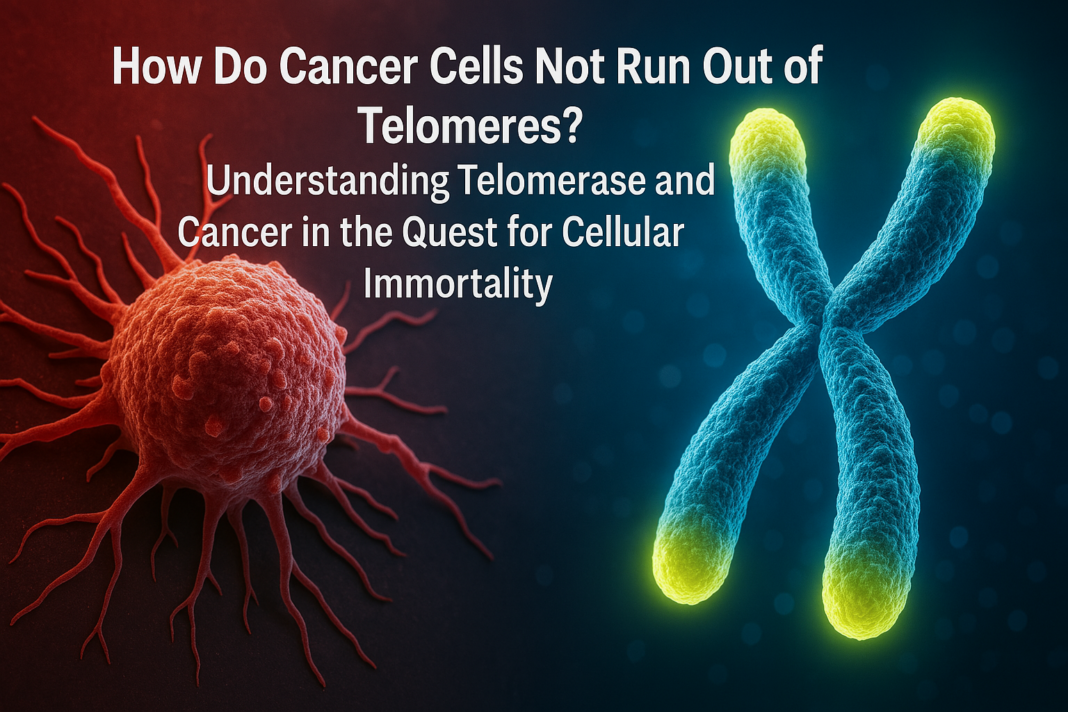 A digital illustration depicts a vibrant cancer cell beside a glowing chromosome with highlighted telomeres, set against a deep blue backdrop. The contrasting imagery symbolically represents telomerase activity and its critical role in preventing telomere loss in cancer cells, aligning directly with the scientific theme of cellular immortality