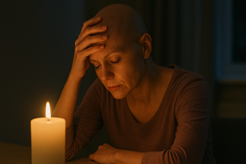A woman sits silently in a low-lit room, bathed in a moody blend of candlelight and natural blue-gray hues from a nearby window. Her closed eyes and introspective pose convey emotional gravity, visually echoing the mystery of how cancer cells sustain their telomeres and defy normal cellular aging.