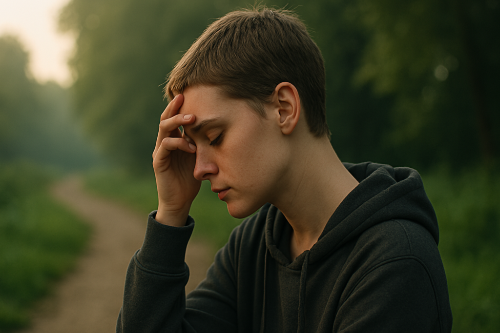 A young woman in a gray hoodie stands alone in a lush outdoor park during early morning light, gently pressing her hand to her forehead in quiet contemplation. The soft natural lighting and peaceful setting reflect the complex emotional weight of the article’s topic, as she symbolizes the human struggle to understand cancer cell longevity and telomerase activity.