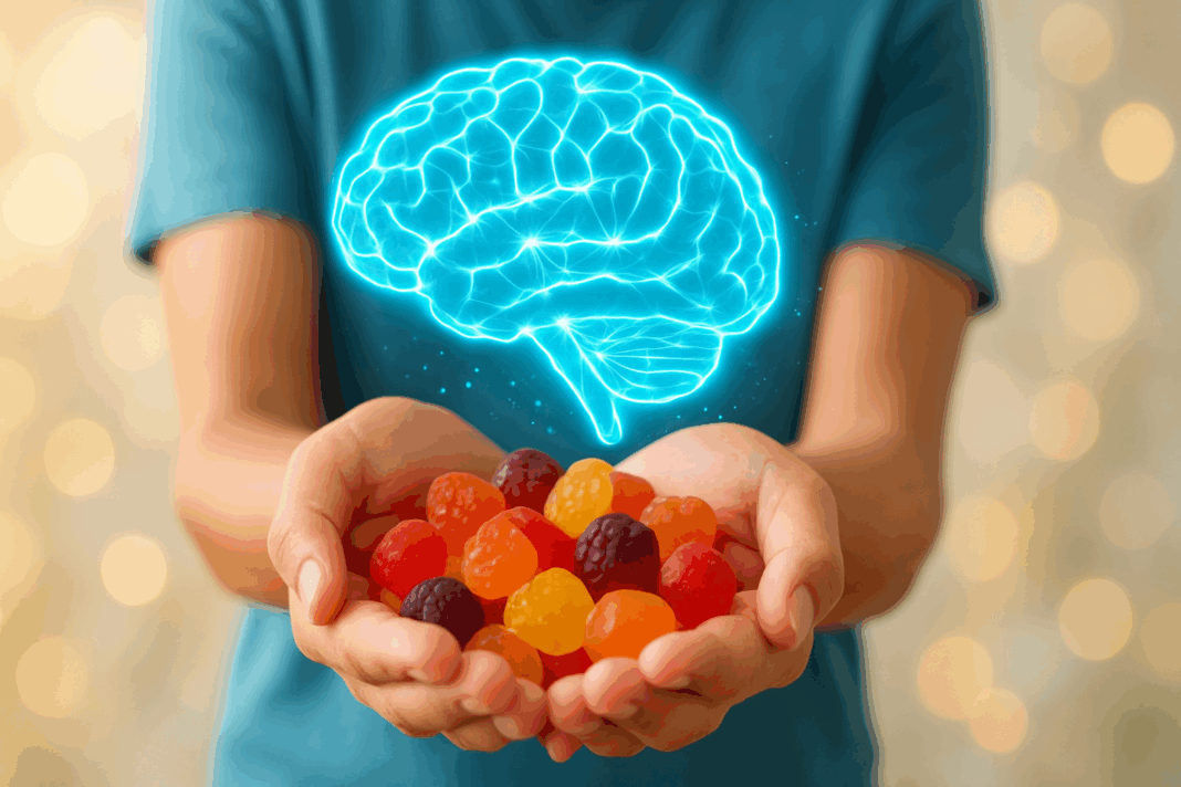 Person holding colorful fruit-shaped gummy supplements with a glowing brain hologram above, symbolizing the best gummies for brain health and memory.