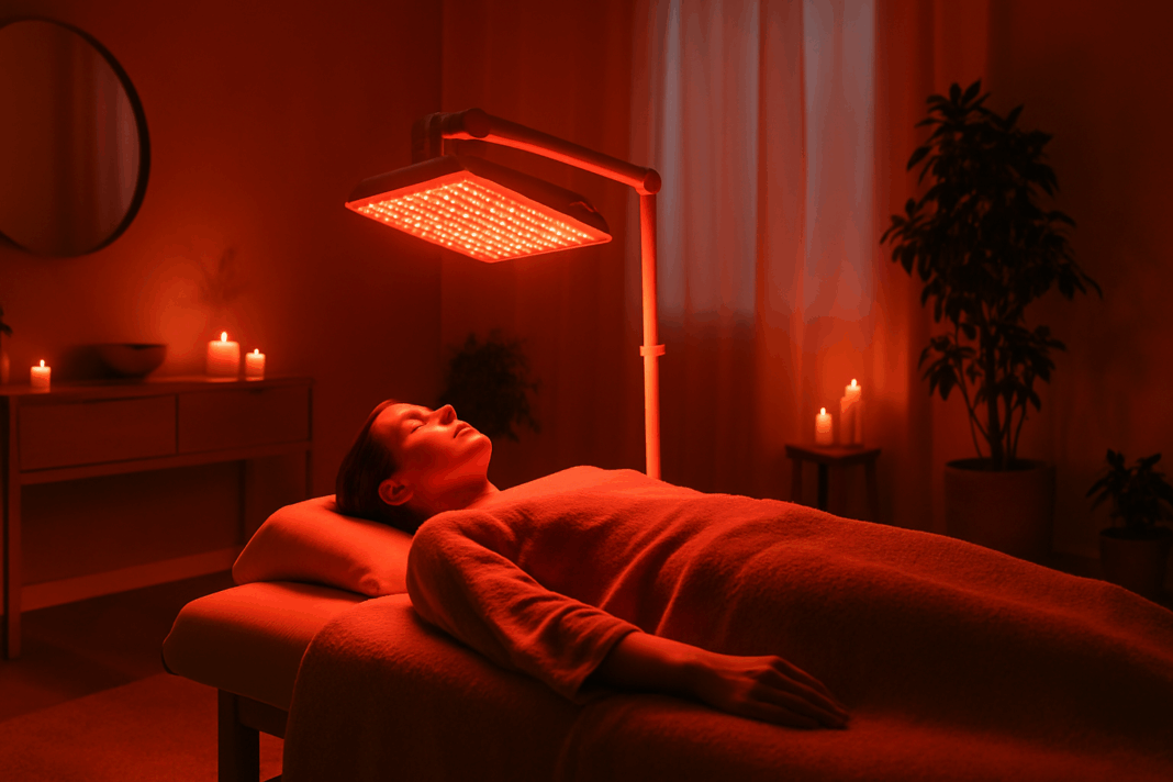 Person receiving red light therapy in a peaceful wellness room, promoting relaxation and Mental Health improvement.