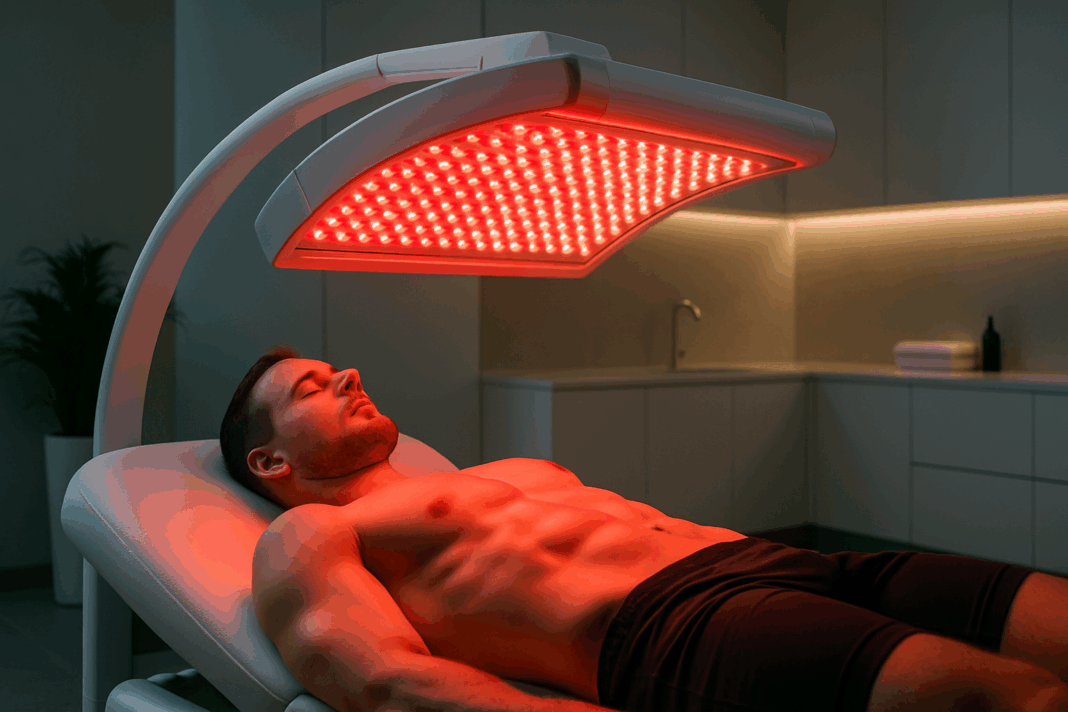 Man receiving treatment under professional red light therapy devices in a futuristic wellness clinic with ambient lighting.