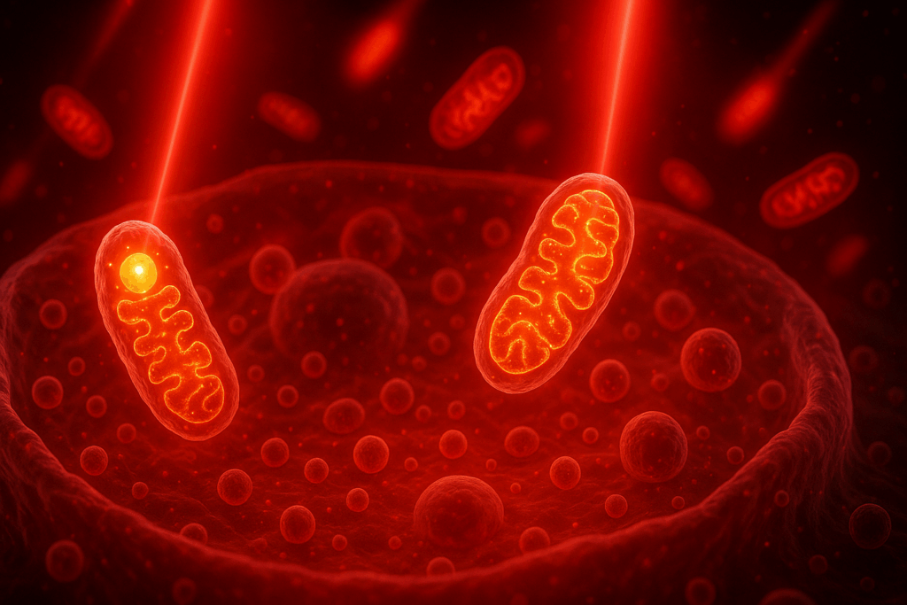 Glowing mitochondria inside a human cell stimulated by beams from professional red light therapy devices, highlighting enhanced energy production