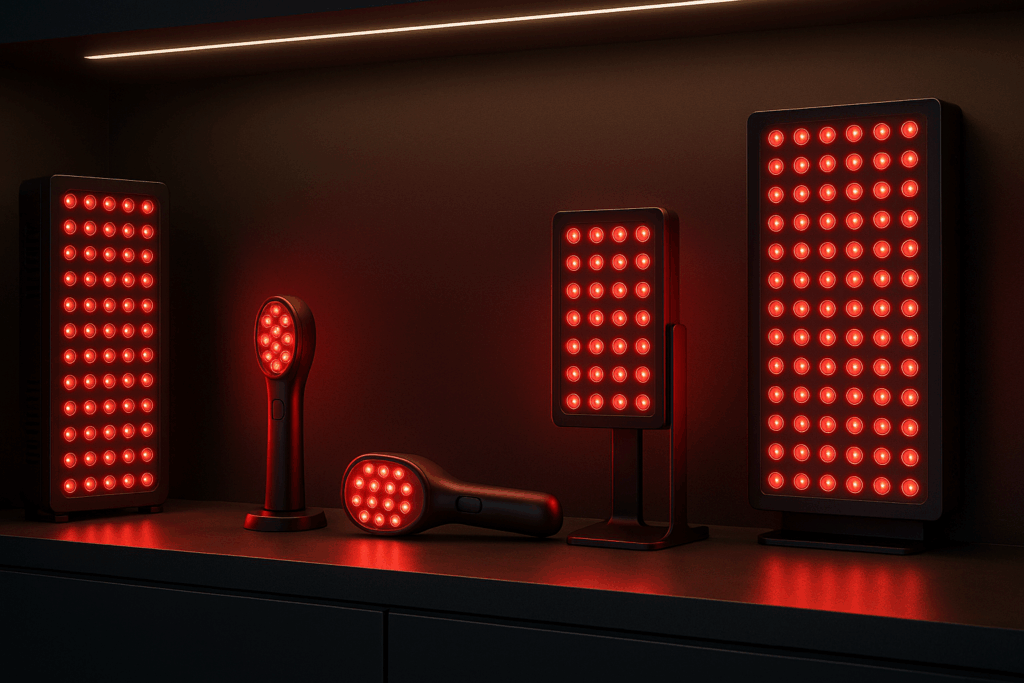 Professional red light therapy devices including panels, handheld tools, and wall-mounted units glowing softly on a luxury retail display