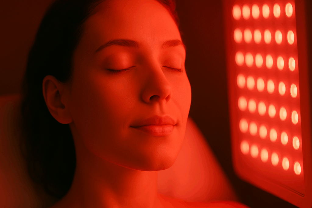 Serene woman receiving facial treatment illuminated by professional red light therapy devices for skin rejuvenation.