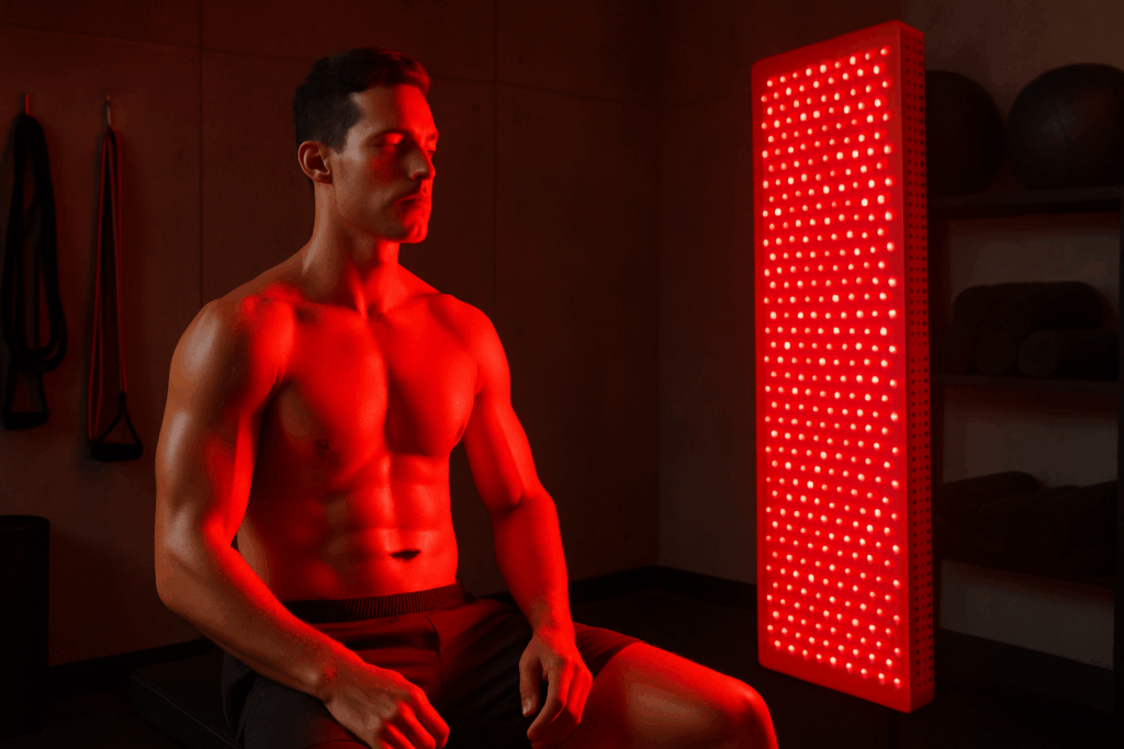 Athletic man post-workout using professional red light therapy devices in a modern gym recovery room, muscles relaxed under red light.
