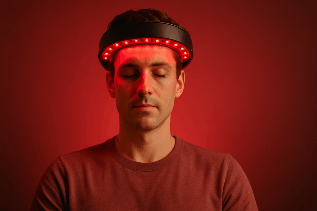 Calm individual using professional red light therapy devices for cognitive health, bathed in soft red illumination in a serene setting.