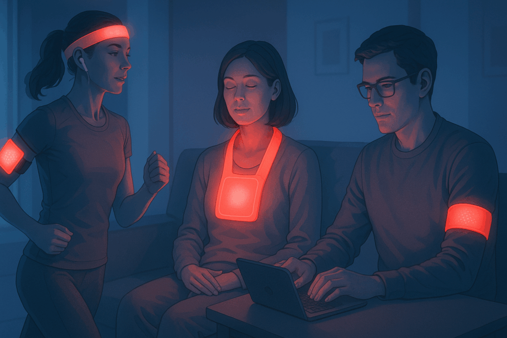 People using professional red light therapy devices integrated into wearable gear while jogging, relaxing, and working at a desk