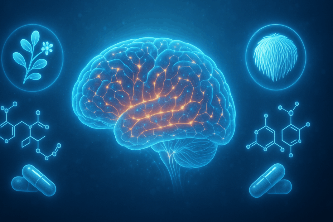 Illustration of a glowing human brain with neural pathways, surrounded by Bacopa, Lion’s Mane, molecules, and capsules symbolizing the best nootropic stack for cognitive enhancement.