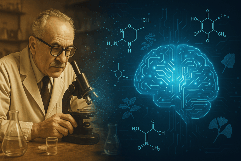 Vintage scientist in a 1970s lab transitions into a digital brain interface, symbolizing the evolution of the best nootropic stack from early research to futuristic cognitive enhancement.