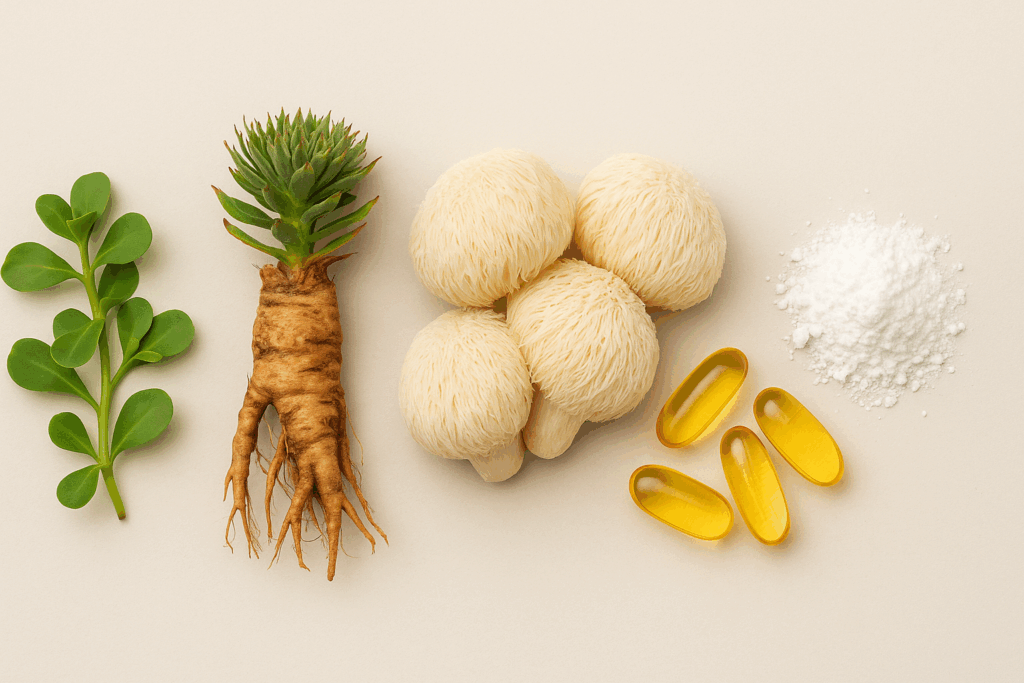 Top-down view of ingredients in the best nootropic stack, including Bacopa monnieri leaves, Rhodiola root, Lion’s Mane mushrooms, fish oil capsules, and citicoline powder.