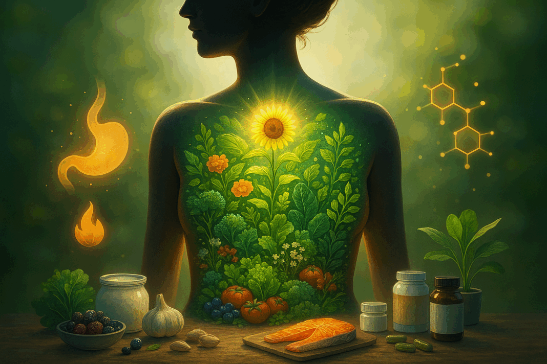 Vibrant artistic depiction of gut health and metabolism linking to how to restore gut health to lose weight.