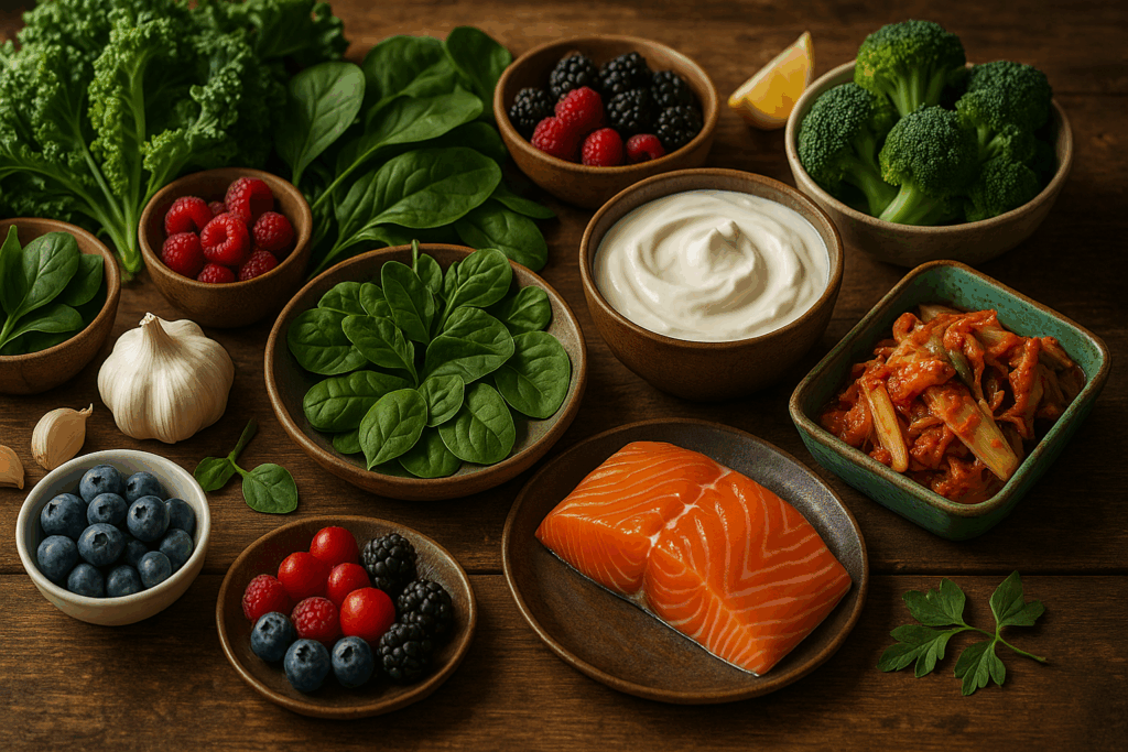 Colorful healthy foods promoting how to restore gut health to lose weight naturally.