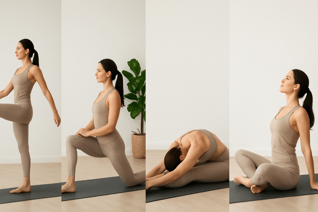 Woman demonstrating leg swings, lunges, forward bends, and chest openers in a home studio, illustrating How to Start Stretching.
