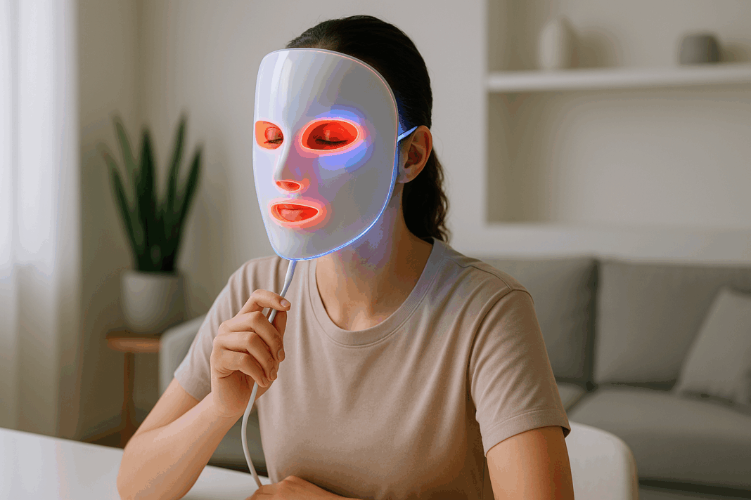 Young adult using an LED face mask glowing with red and blue lights in a minimalistic living room, exploring if is red or blue light better for acne.