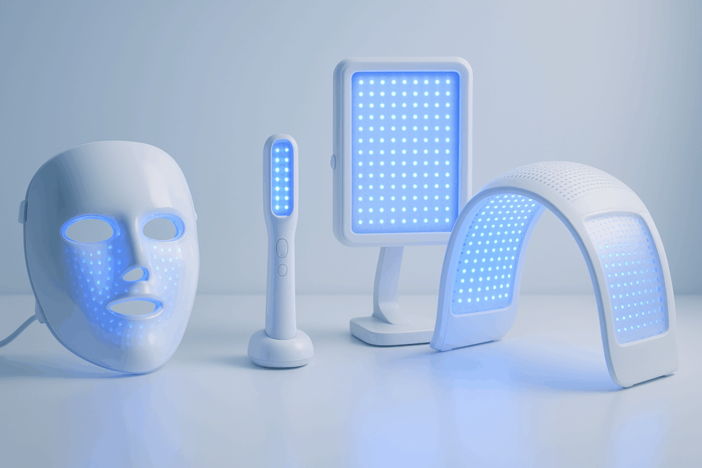 Lineup of futuristic LED therapy devices, including a wearable mask, handheld wand, and panel, illustrating is red or blue light better for acne
