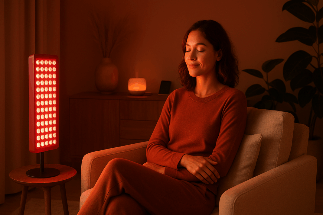 Woman relaxing under warm glow from one of the best red light therapy bulbs in a modern, serene living room.