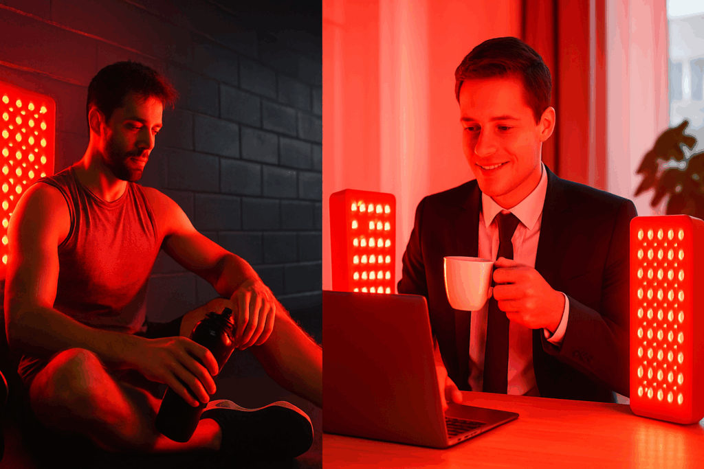 Athlete recovering post-workout under the best red light therapy bulbs and a business professional using the best red light therapy bulbs during a morning routine.