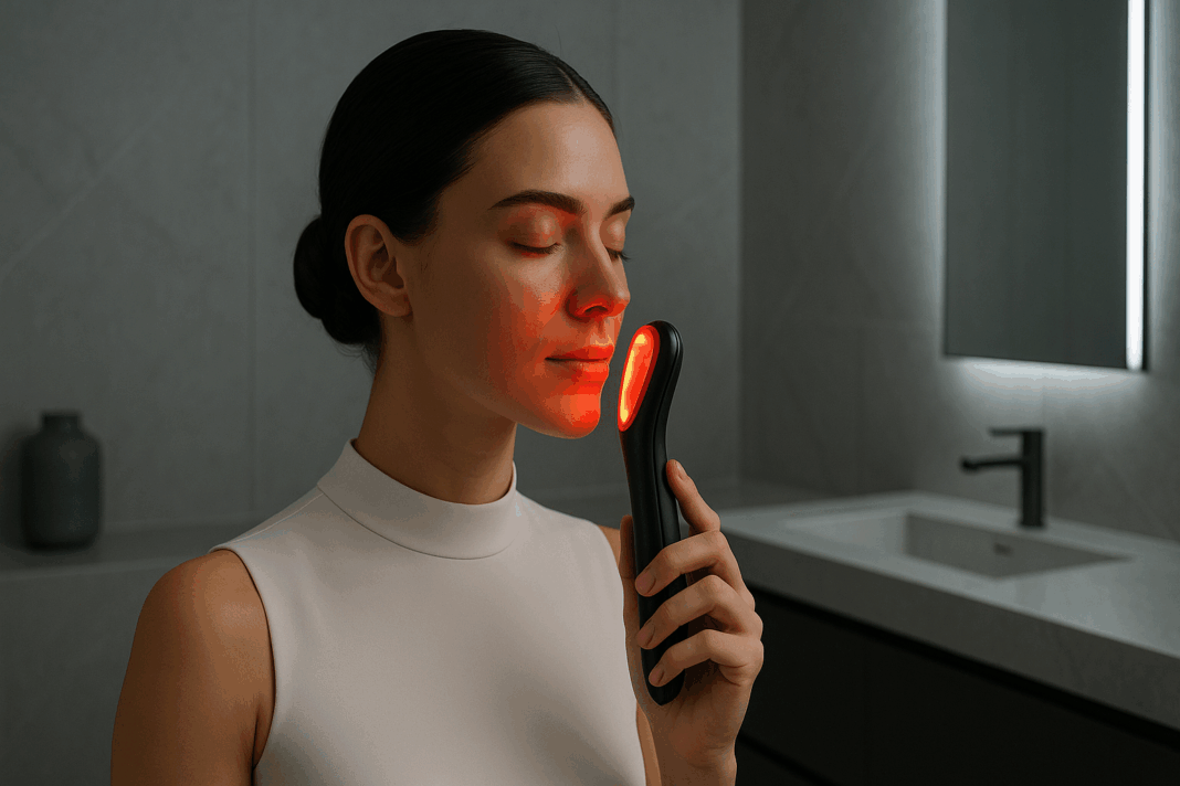 Woman using a red light face sculptor device in a modern, luxurious bathroom, with soft ambient lighting enhancing her skin rejuvenation routine.