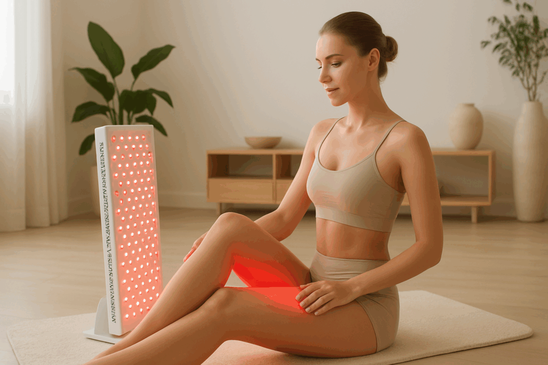 Woman sitting in a serene home wellness space using red light therapy for cellulite on her thighs, with natural sunlight and modern decor.