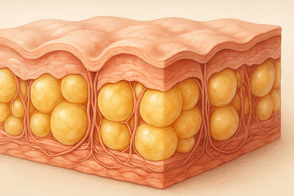 Cross-sectional medical illustration showing fat cells and connective tissue beneath the skin's surface, explaining red light therapy for cellulite.