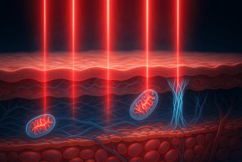 Scientific illustration of red light therapy for cellulite showing red and near-infrared beams penetrating skin layers and energizing mitochondria