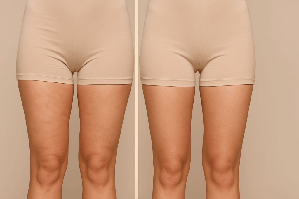 Before and after results showing a woman’s thighs in beige shorts with reduced cellulite after red light therapy for cellulite.
