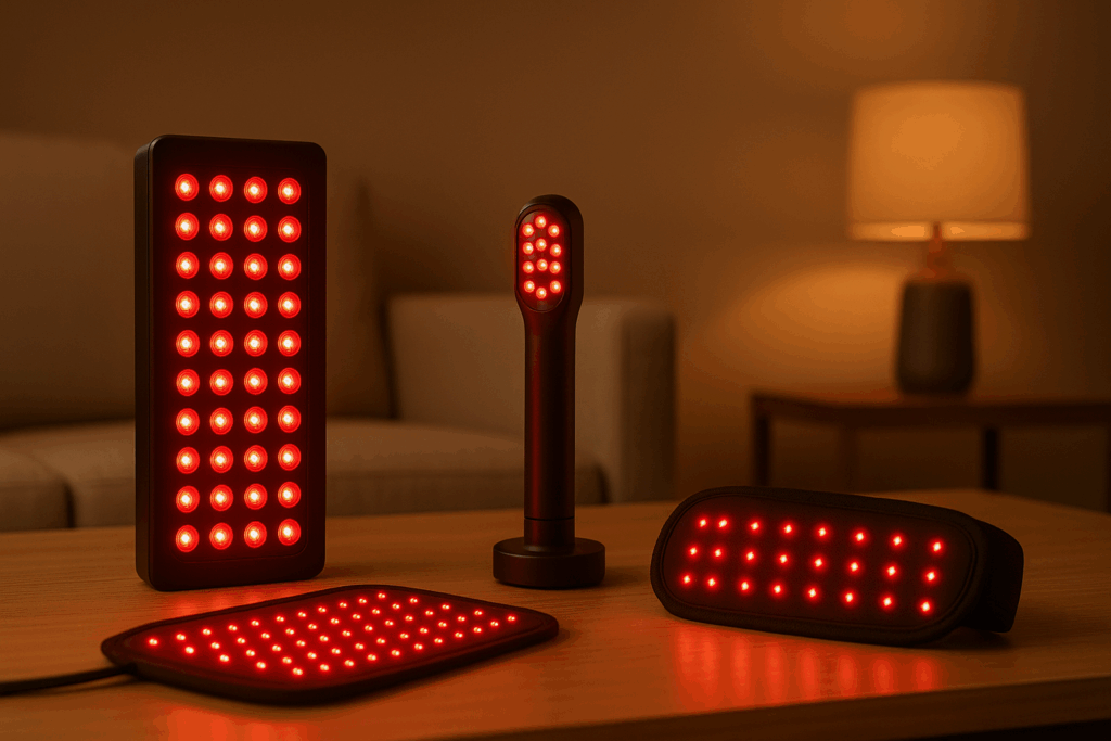 Cozy living room with sleek red light therapy devices including a panel, wand, and wrap, used for red light therapy for cellulite