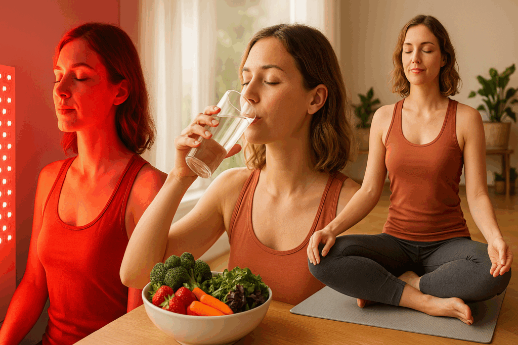 Woman incorporating red light therapy for cellulite into a healthy lifestyle routine with hydration, exercise, and fresh fruits and vegetables.