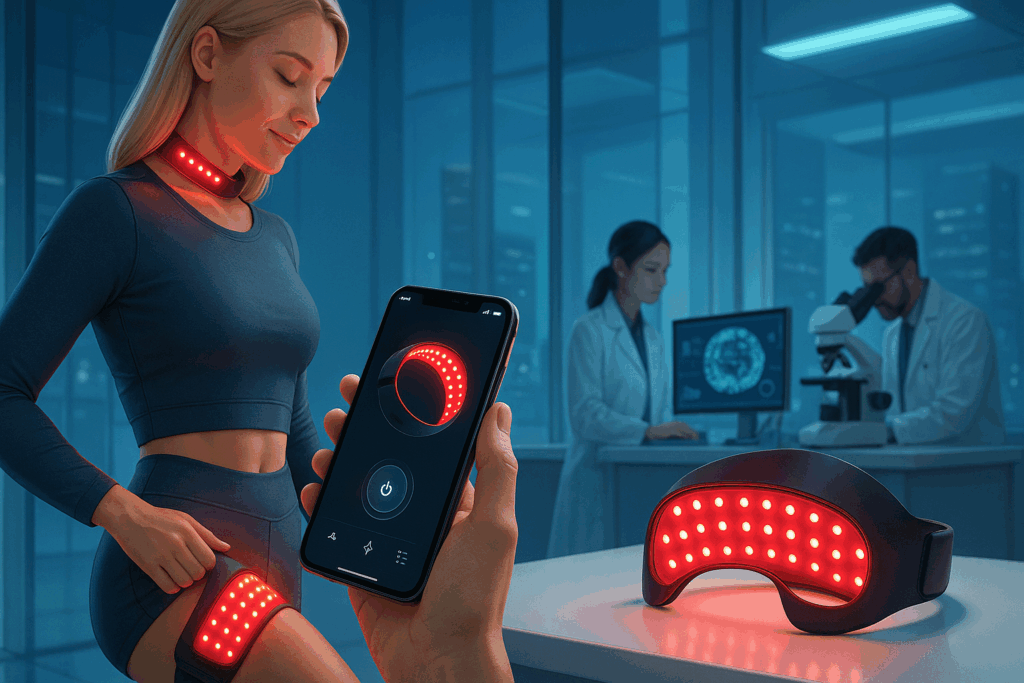 Woman using futuristic wearable device for red light therapy for cellulite in a high-tech lab with smartphone app integration