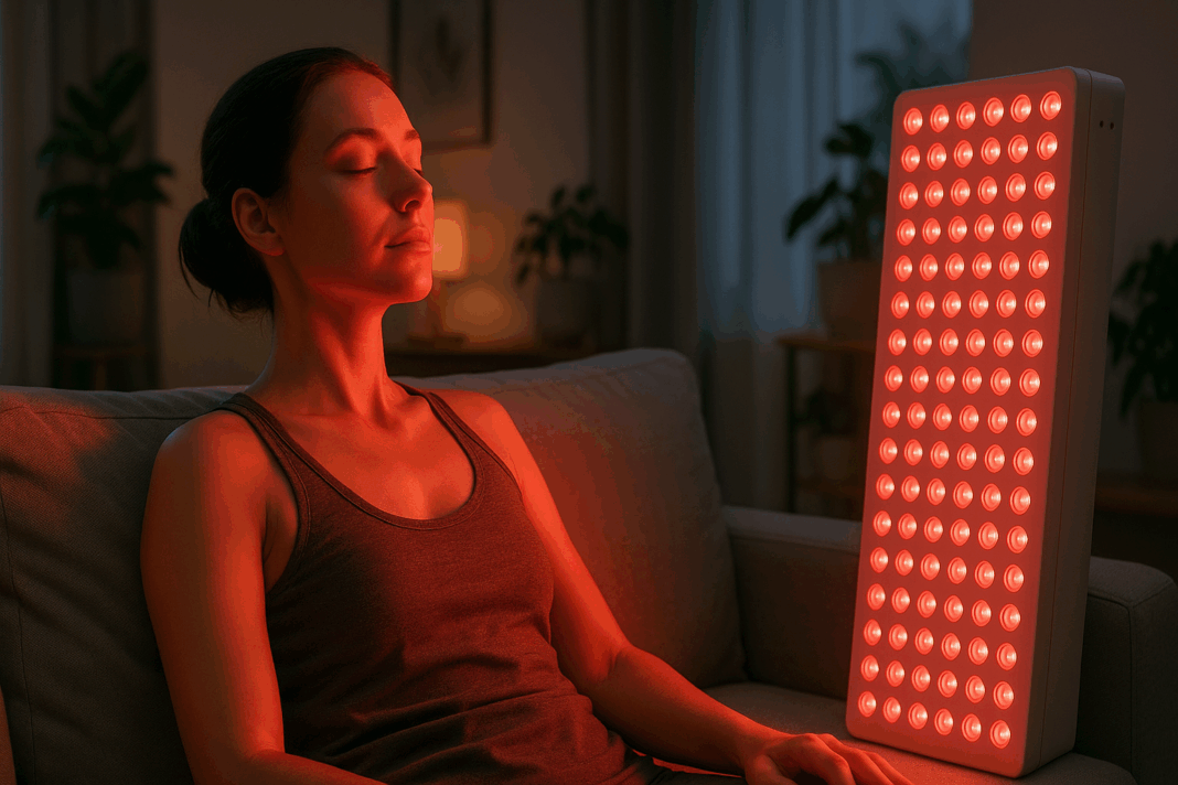 Woman receiving Red Light Therapy for Eczema at home, bathed in soothing red glow in a calm, plant-filled living room.